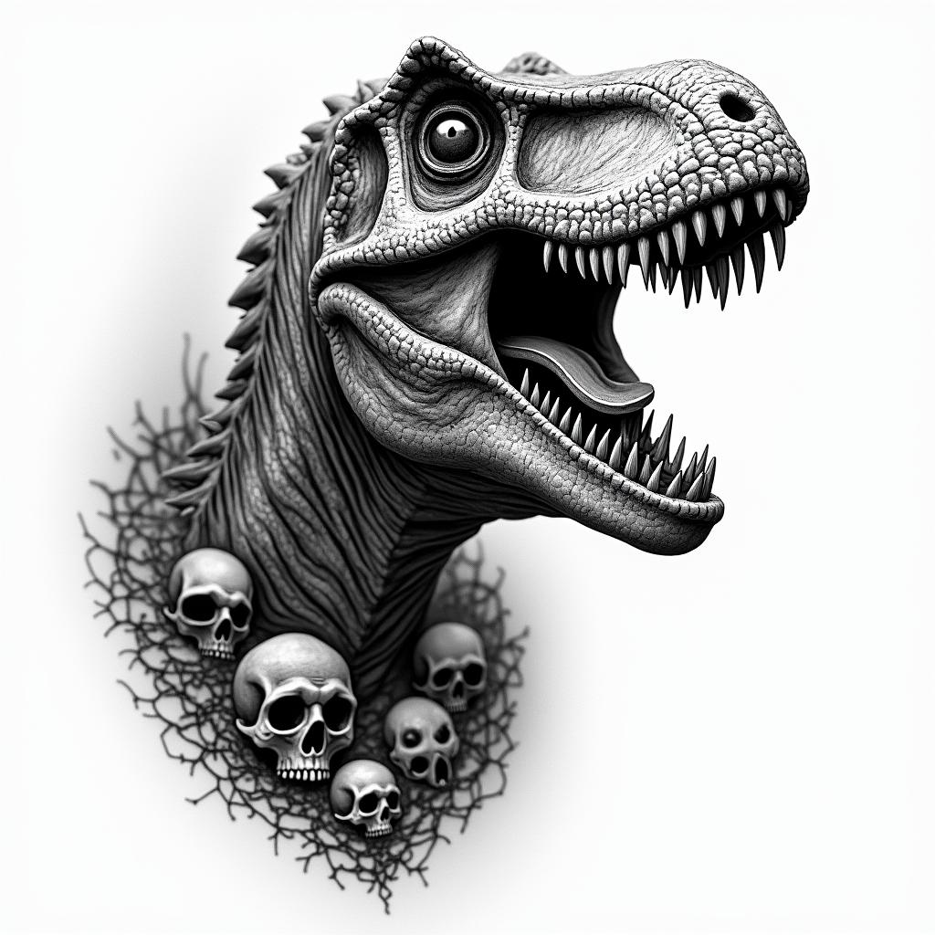 Velociraptor in horror tattoo style, showcasing haunting and unsettling, dark and gritty textures with skulls, eerie faces, jgged designs, bold and intense shading - Variation 2