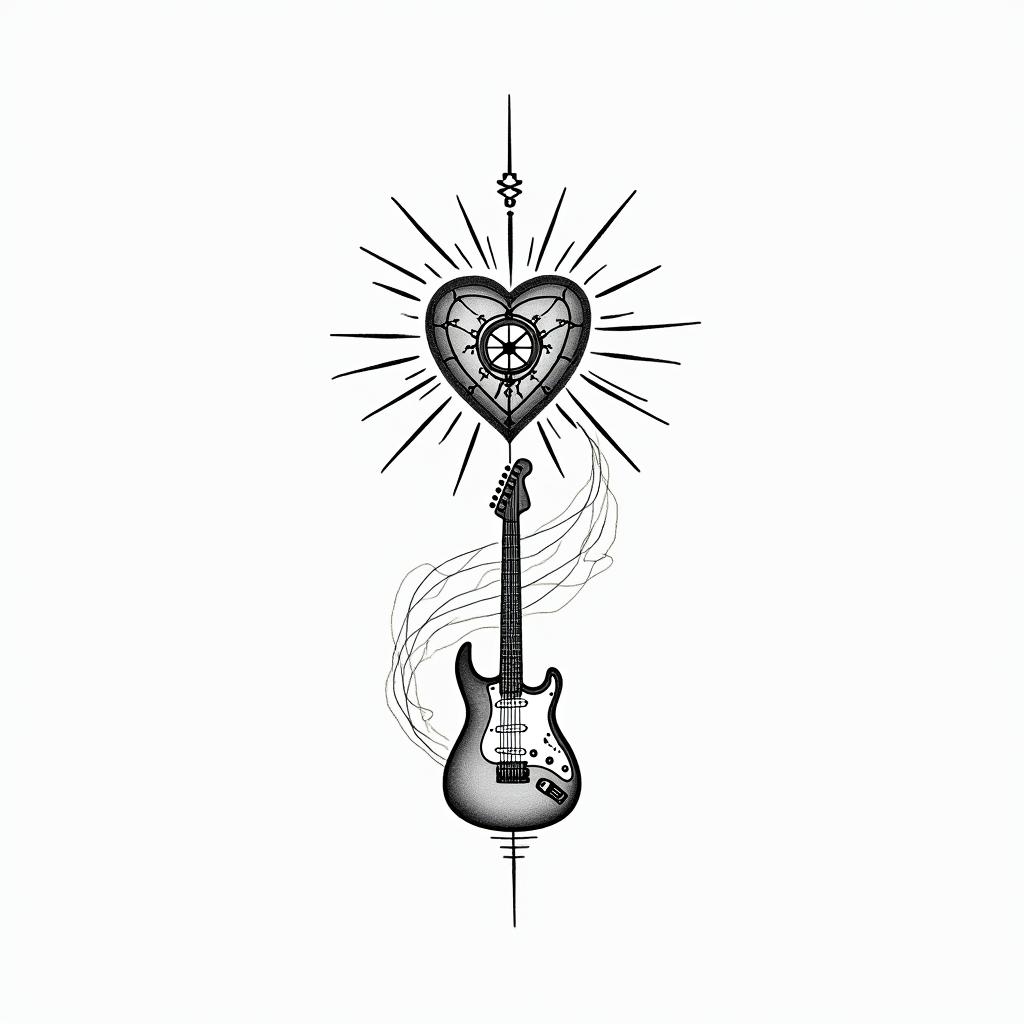 A minimalistic tattoo design featuring a compass heart symbolizing love, a winding road representing distance and connection, and a guitar, all intertwined elegantly. The letters "Cristina" and "Ramses" are included in a manual handwriting style, seamlessly integrated into the design, creating a cohesive and personal representation of their journey together.higly detailed tattoo - Variation 2