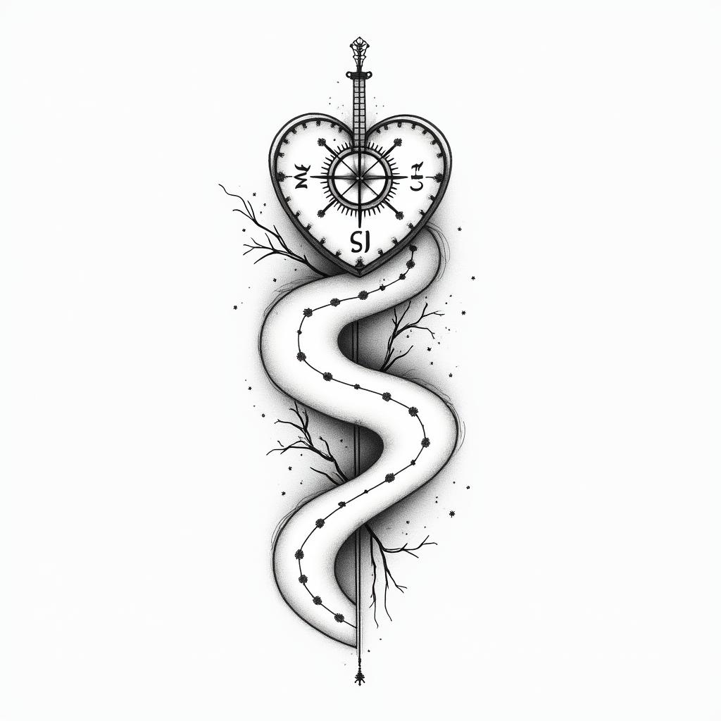 A minimalistic tattoo design featuring a compass heart symbolizing love, a winding road representing distance and connection, and a guitar, all intertwined elegantly. The letters "Cristina" and "Ramses" are included in a manual handwriting style, seamlessly integrated into the design, creating a cohesive and personal representation of their journey together.higly detailed tattoo - Variation 3