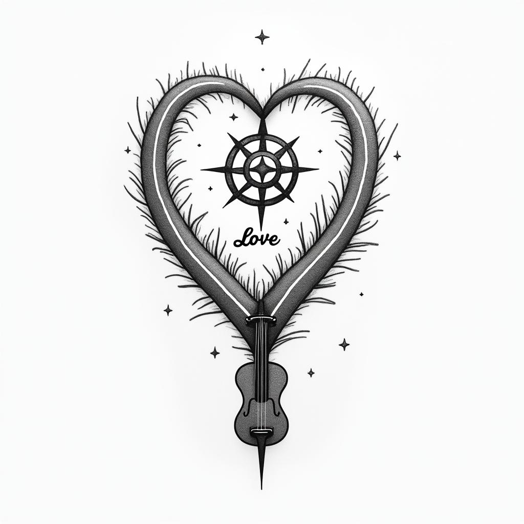 A minimalistic tattoo design featuring a compass heart symbolizing love, a winding road representing distance and connection, and a guitar, all intertwined elegantly. The letters "Cristina" and "Ramses" are included in a manual handwriting style, seamlessly integrated into the design, creating a cohesive and personal representation of their journey together.higly detailed tattoo - Variation 4