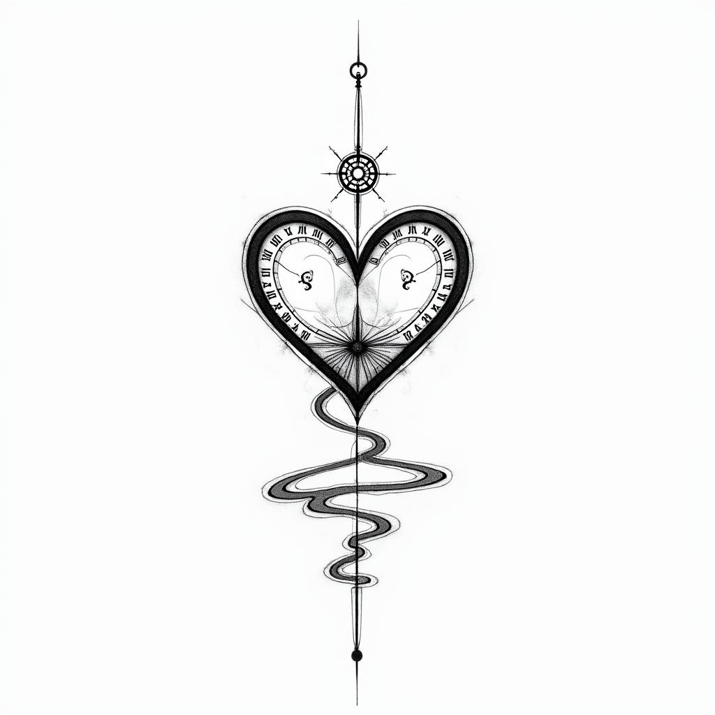 A minimalistic tattoo design featuring a compass heart symbolizing love, a winding road representing distance and connection, and a guitar, all intertwined elegantly. The letters "Cristina" and "Ramses" are included in a manual handwriting style, seamlessly integrated into the design, creating a cohesive and personal representation of their journey together.higly detailed tattoo