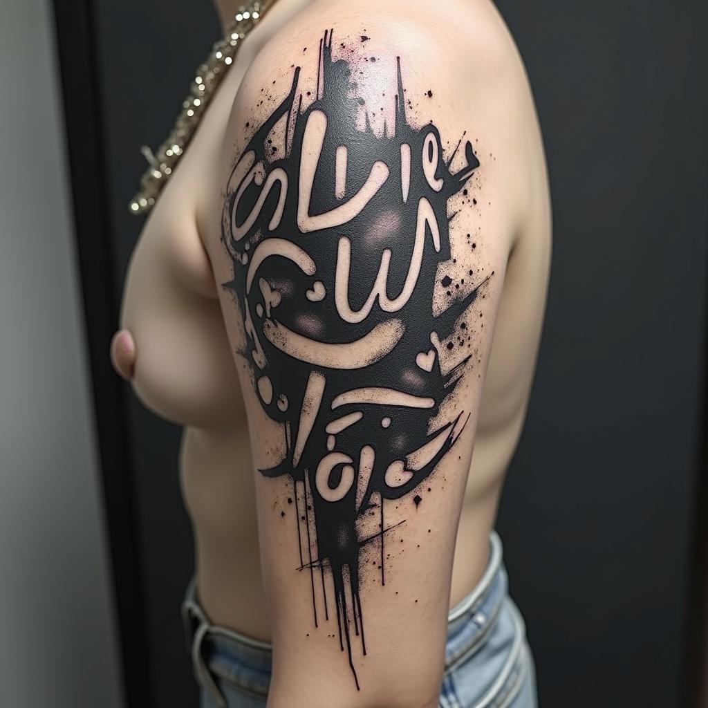 Stitch in graffiti style tattoo, featuring bold and dynamic street art elements, spray-paint texture with exaggerated lines and expressive, chaotic brushstrokes, intricate lettering incorporated with graffiti tags, symbols like hearts, stars, and wings - Variation 2