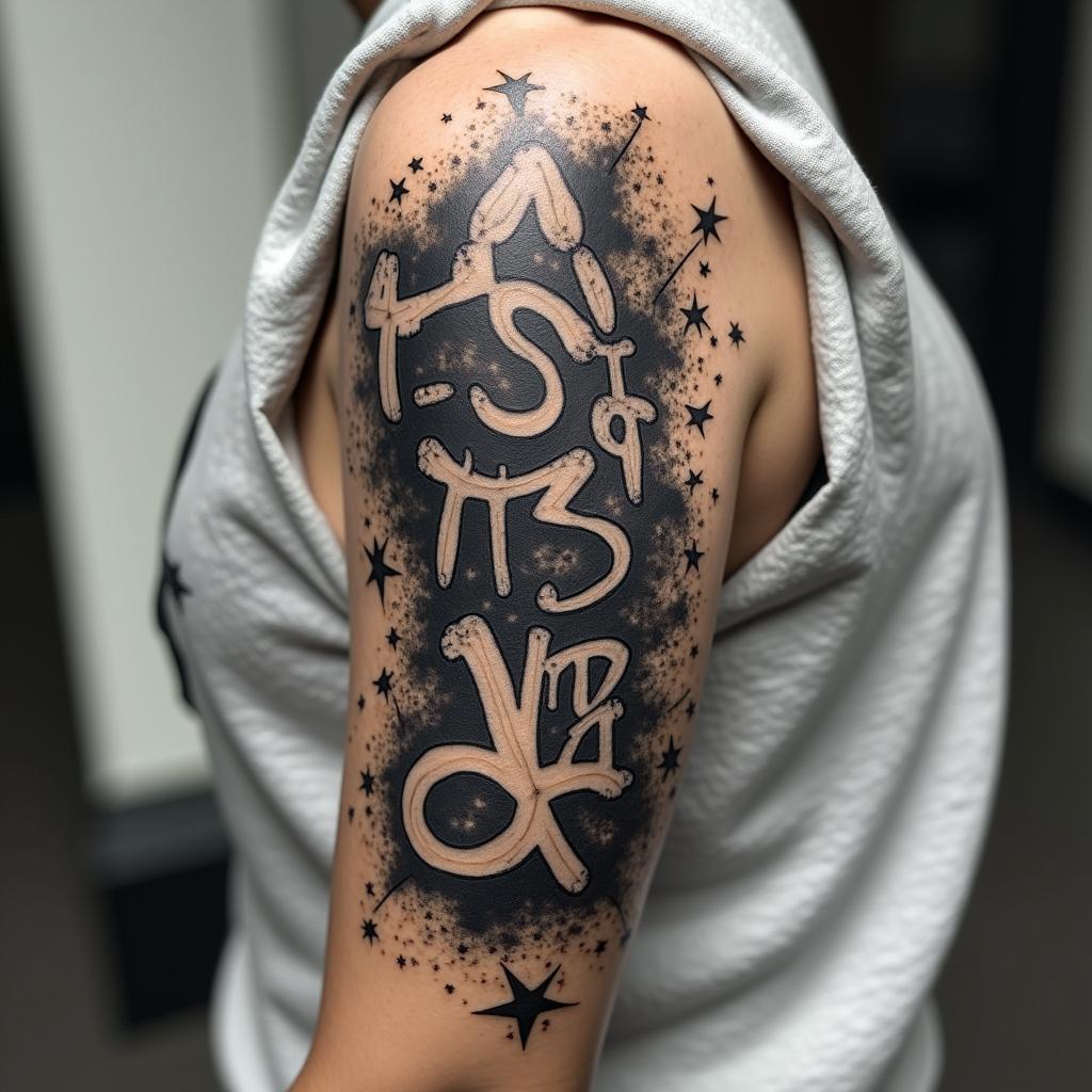 Stitch in graffiti style tattoo, featuring bold and dynamic street art elements, spray-paint texture with exaggerated lines and expressive, chaotic brushstrokes, intricate lettering incorporated with graffiti tags, symbols like hearts, stars, and wings