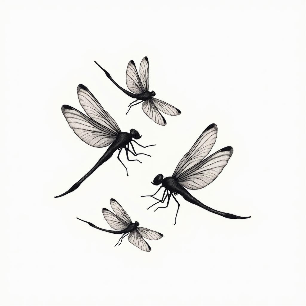 A delicate and subtle tattoo design featuring four dragonflies flying gracefully, representing strength and perseverance, inspired by a meaningful phrase from a grandfather. The dragonflies should have elegant lines and a soft color palette, capturing a sense of freedom and connection to cherished memories.higly detailed tattoo - Variation 3