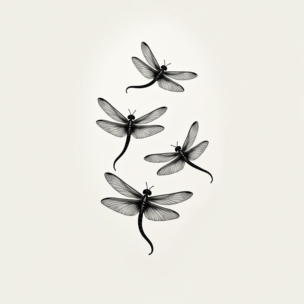 A delicate and subtle tattoo design featuring four dragonflies flying gracefully, representing strength and perseverance, inspired by a meaningful phrase from a grandfather. The dragonflies should have elegant lines and a soft color palette, capturing a sense of freedom and connection to cherished memories.higly detailed tattoo - Variation 2