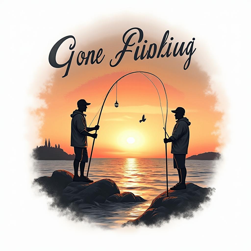 A nostalgic tattoo design featuring a sunset over the sea, with two figures representing you and your grandad holding fishing rods while standing on the rocks. The sunset is vibrant with warm colors, and the text “gone fishing 11-08-23” is elegantly integrated into the design, possibly in a beautiful script font. The overall feel is warm, sentimental, and captures the essence of a cherished memory.higly detailed tattoo - Variation 3