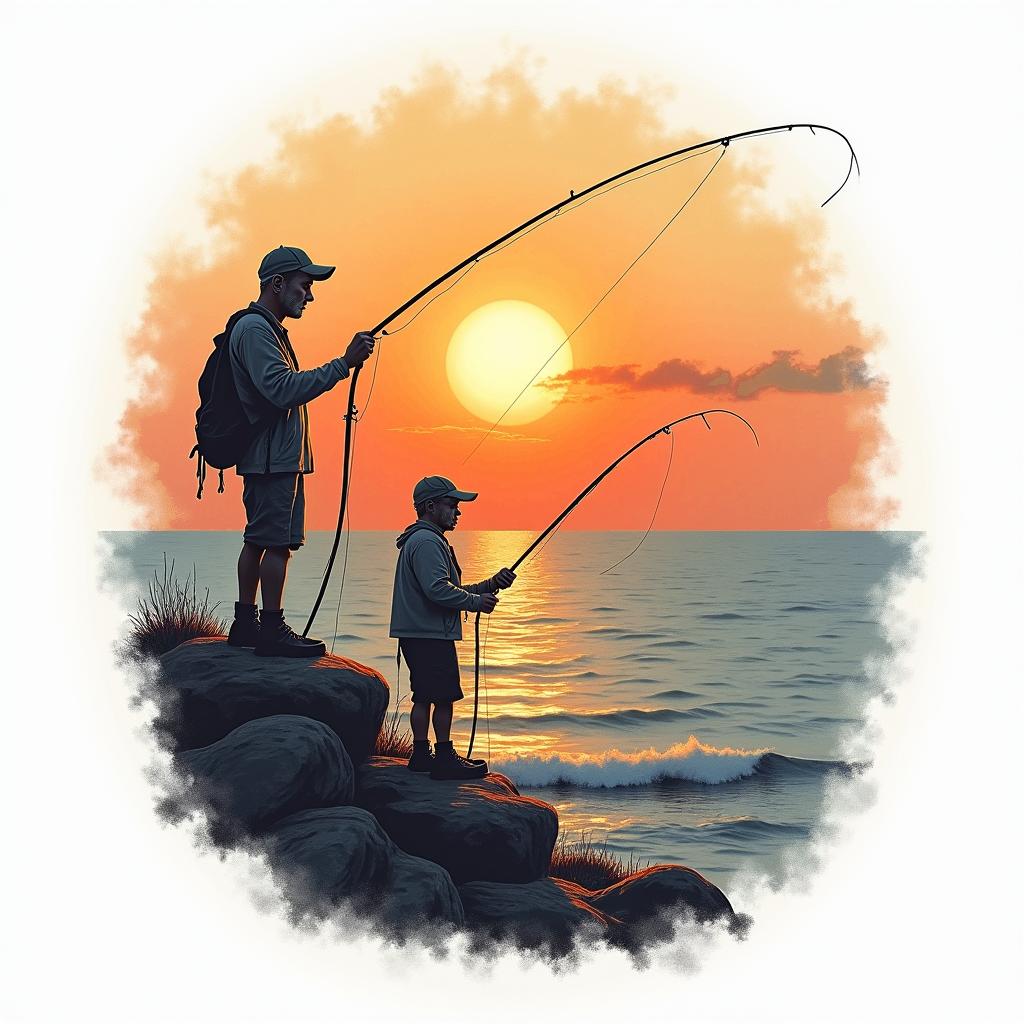 A nostalgic tattoo design featuring a sunset over the sea, with two figures representing you and your grandad holding fishing rods while standing on the rocks. The sunset is vibrant with warm colors, and the text “gone fishing 11-08-23” is elegantly integrated into the design, possibly in a beautiful script font. The overall feel is warm, sentimental, and captures the essence of a cherished memory.higly detailed tattoo