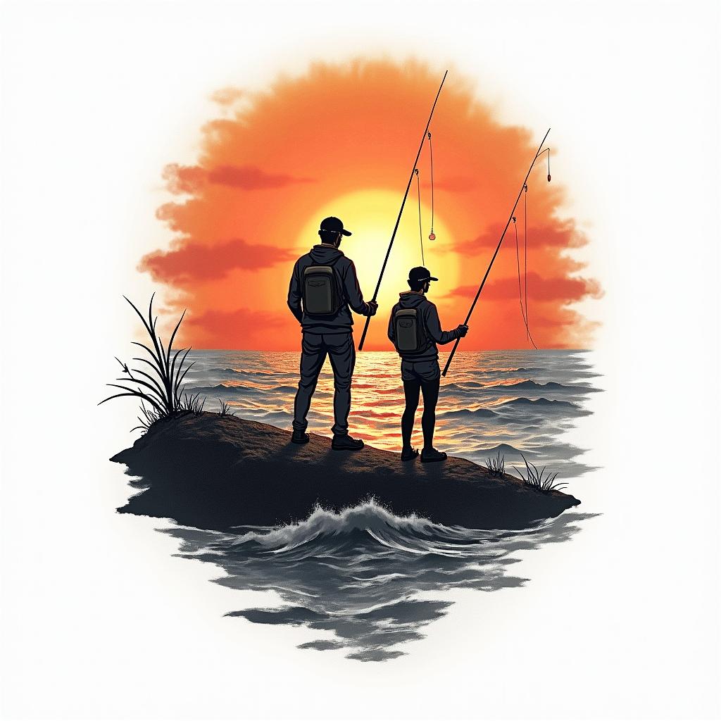 A nostalgic tattoo design featuring a sunset over the sea, with two figures representing you and your grandad holding fishing rods while standing on the rocks. The sunset is vibrant with warm colors, and the text “gone fishing 11-08-23” is elegantly integrated into the design, possibly in a beautiful script font. The overall feel is warm, sentimental, and captures the essence of a cherished memory.higly detailed tattoo - Variation 2