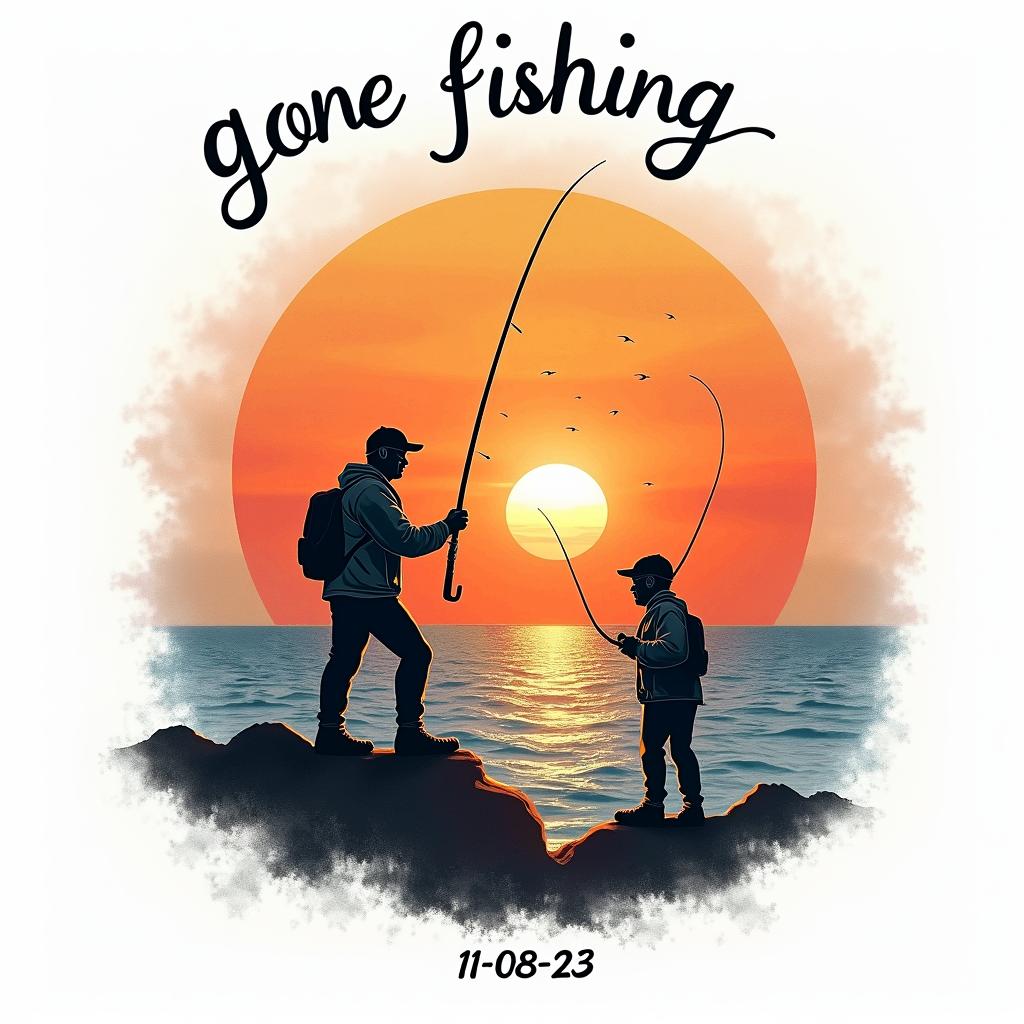 A nostalgic tattoo design featuring a sunset over the sea, with two figures representing you and your grandad holding fishing rods while standing on the rocks. The sunset is vibrant with warm colors, and the text “gone fishing 11-08-23” is elegantly integrated into the design, possibly in a beautiful script font. The overall feel is warm, sentimental, and captures the essence of a cherished memory.higly detailed tattoo - Variation 4