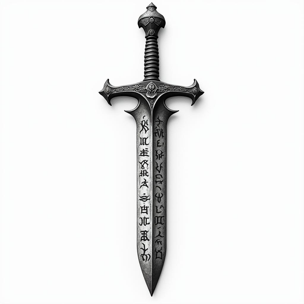 A tattoo design featuring a Viking sword prominently displayed, symbolizing strength and legacy. The sword is intertwined with elements representing the Lothbrok family, such as their name or emblem. Incorporate symbols of Viking life, like runes and historical motifs, capturing the essence of the Viking age, including their rich history and mode of life. The overall design evokes a sense of heritage and personal connection to the Viking culture.higly detailed tattoo - Variation 3