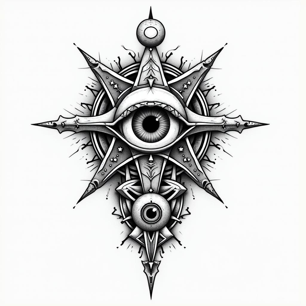 Small tattoo larynxin prophecy tattoo style, featuring mystical symbols, celestial imagery like stars, moons, suns, geometric patterns, foretelling elements, an eye of wisdom - Variation 4