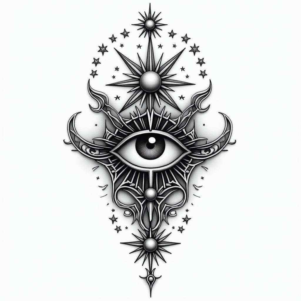 Small tattoo larynxin prophecy tattoo style, featuring mystical symbols, celestial imagery like stars, moons, suns, geometric patterns, foretelling elements, an eye of wisdom