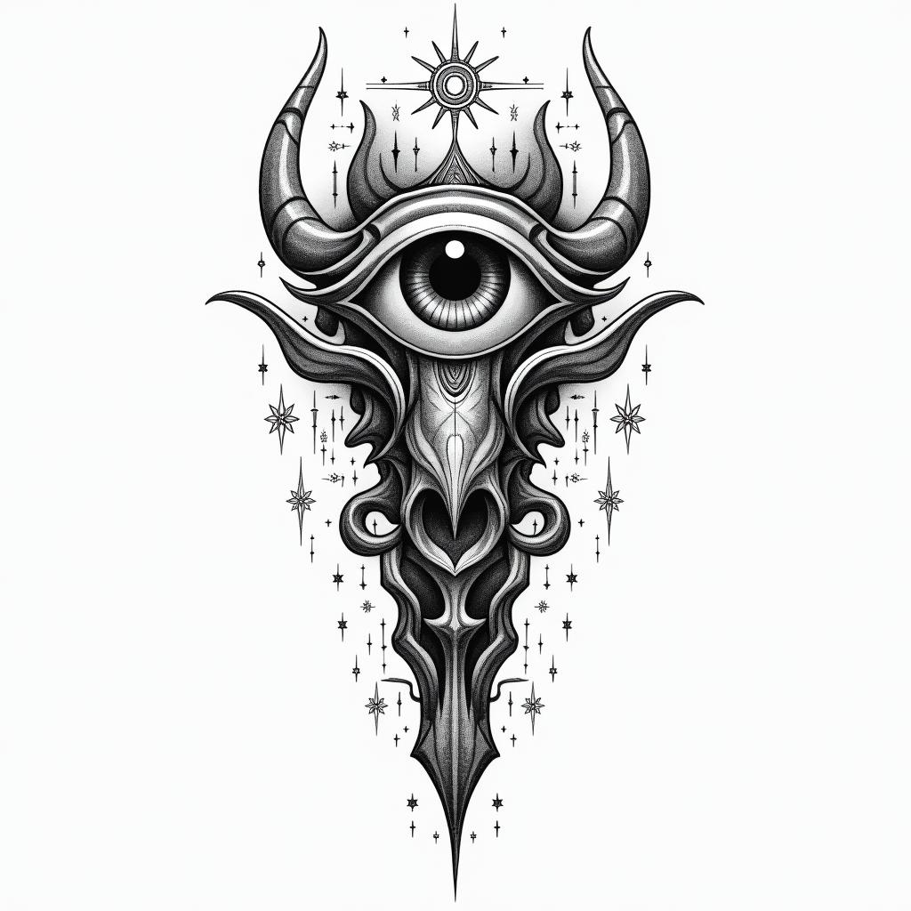 Small tattoo larynxin prophecy tattoo style, featuring mystical symbols, celestial imagery like stars, moons, suns, geometric patterns, foretelling elements, an eye of wisdom - Variation 2