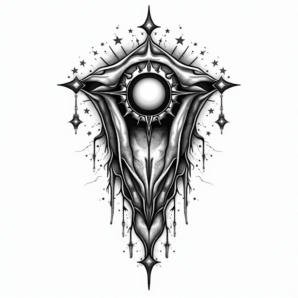 Small tattoo larynxin prophecy tattoo style, featuring mystical symbols, celestial imagery like stars, moons, suns, geometric patterns, foretelling elements, an eye of wisdom - Variation 3
