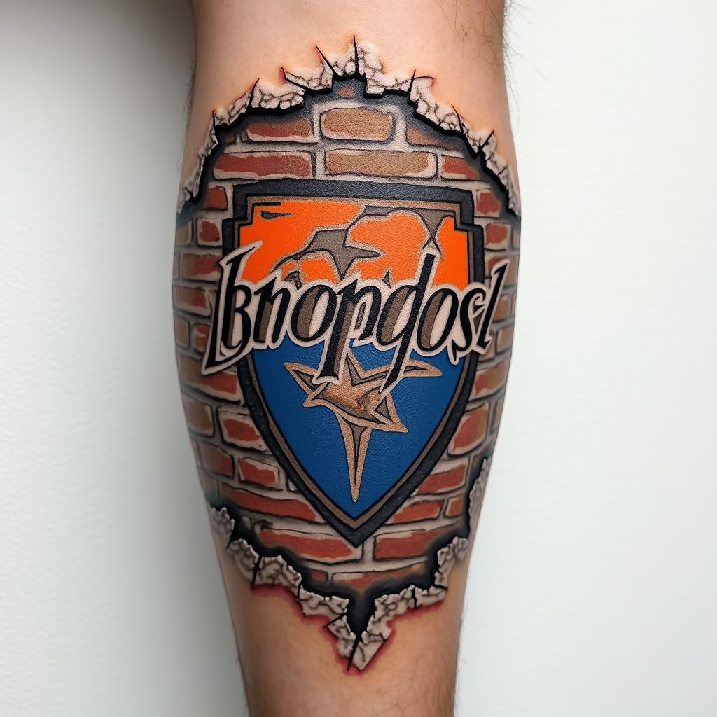 A tattoo design featuring "Broncos" in bold orange and blue graffiti lettering set against a Denver Broncos emblem. The elements are artistically integrated on a cracking brick wall that appears to be beneath the skin. The design includes the significant date "6-21-14," reflecting the client's love for the Broncos and the memory of their wedding at the stadium, located on the lower left forearm.higly detailed tattoo - Variation 4