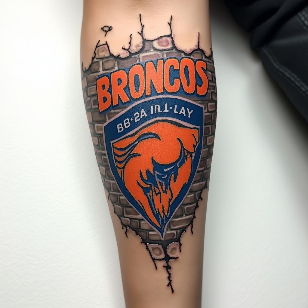 A tattoo design featuring "Broncos" in bold orange and blue graffiti lettering set against a Denver Broncos emblem. The elements are artistically integrated on a cracking brick wall that appears to be beneath the skin. The design includes the significant date "6-21-14," reflecting the client's love for the Broncos and the memory of their wedding at the stadium, located on the lower left forearm.higly detailed tattoo - Variation 3
