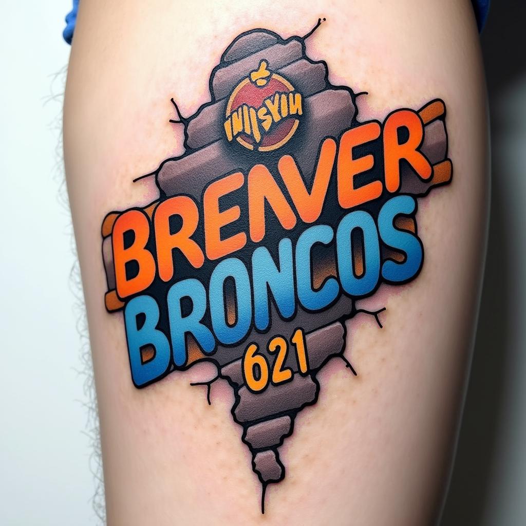 A tattoo design featuring "Broncos" in bold orange and blue graffiti lettering set against a Denver Broncos emblem. The elements are artistically integrated on a cracking brick wall that appears to be beneath the skin. The design includes the significant date "6-21-14," reflecting the client's love for the Broncos and the memory of their wedding at the stadium, located on the lower left forearm.higly detailed tattoo - Variation 2