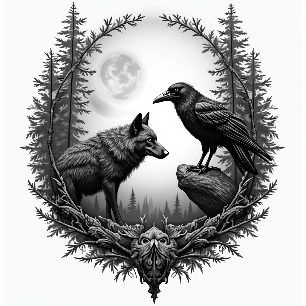 Norse mythology, wolf and raven at full moon in the foresthigly detailed tattoo - Variation 4
