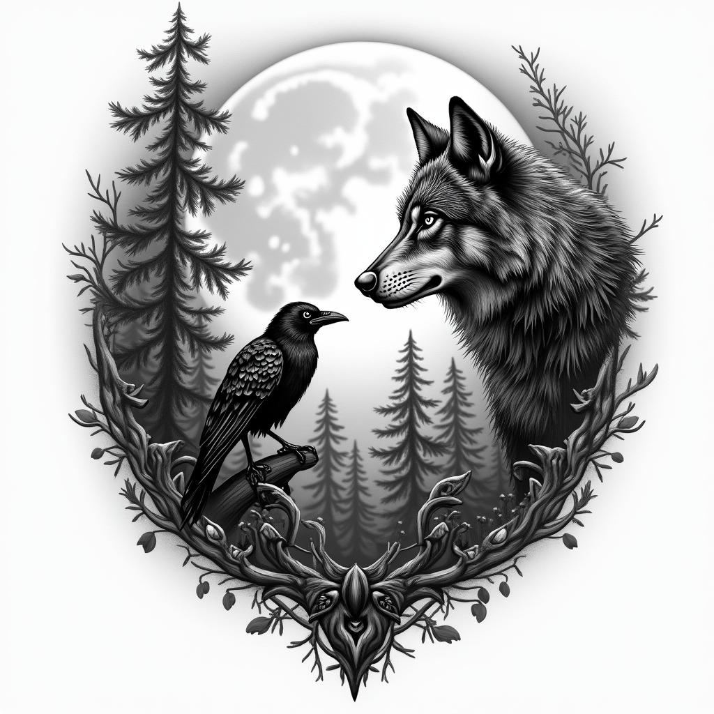 Norse mythology, wolf and raven at full moon in the foresthigly detailed tattoo - Variation 2
