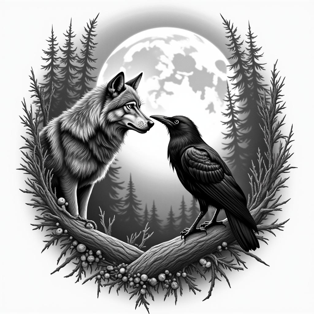 Norse mythology, wolf and raven at full moon in the foresthigly detailed tattoo - Variation 3