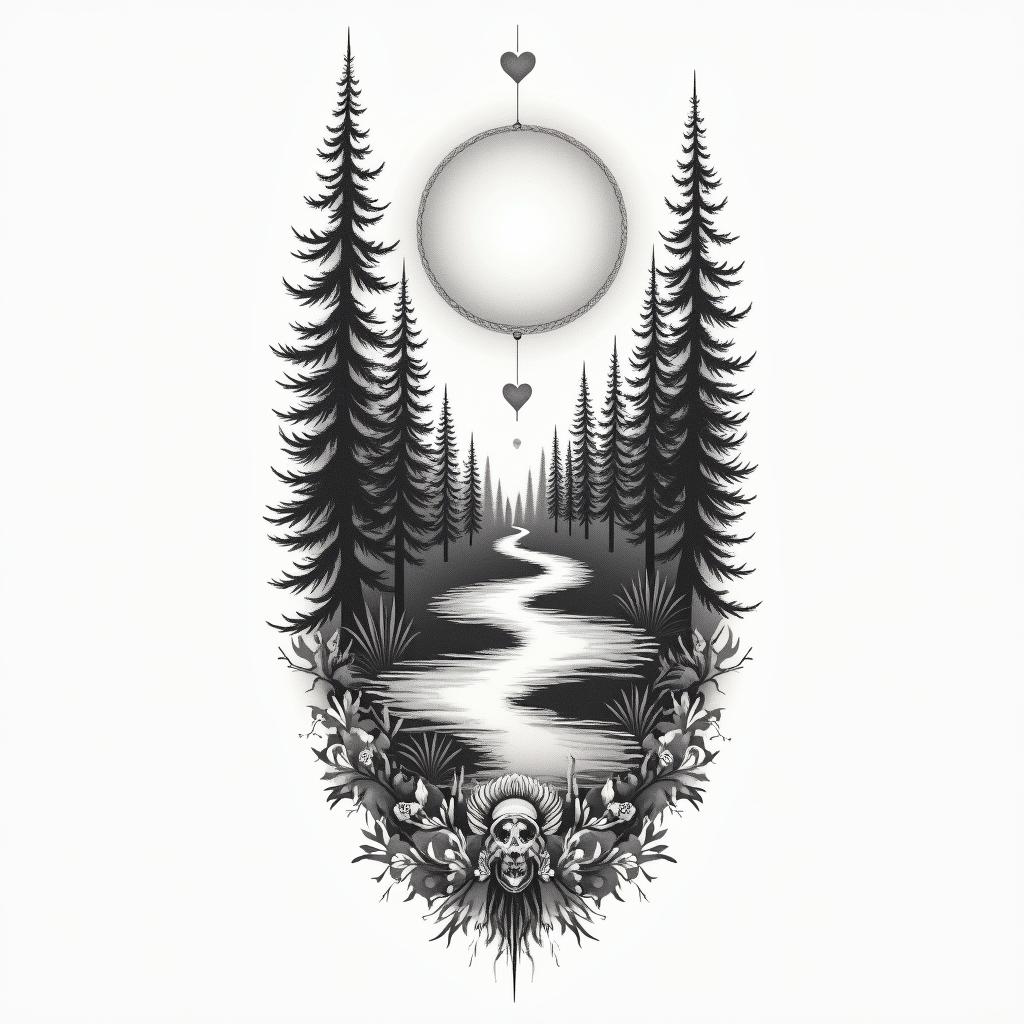 Forest theme tattoo, with animals and a sunrise, for a full arm sleevein Modest style tattoo, featuring soft, delicate line work with simple and meaningful symbols, gentle waves, a heart, evoking a sense of serenity and grace, - Variation 3