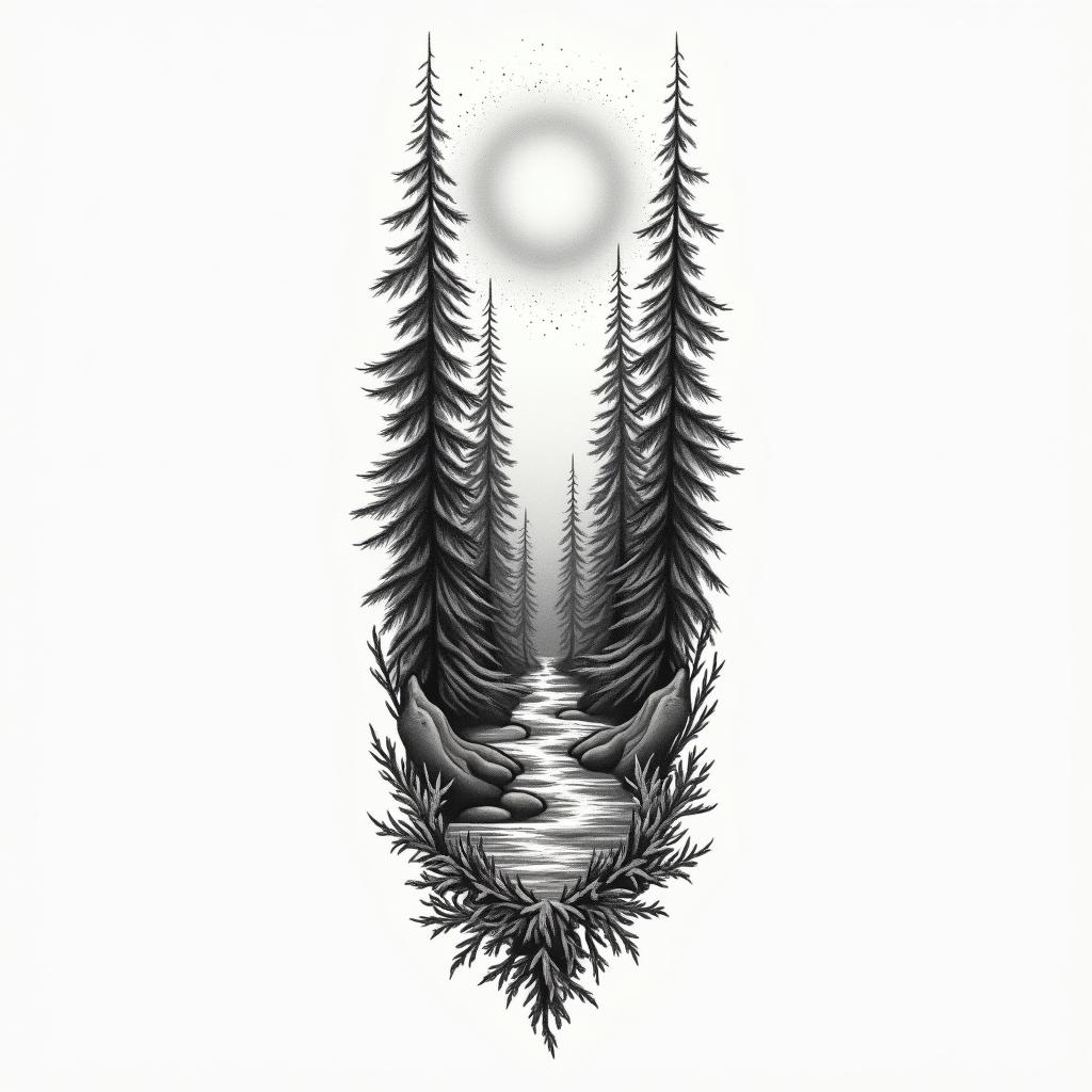 Forest theme tattoo, with animals and a sunrise, for a full arm sleevein Modest style tattoo, featuring soft, delicate line work with simple and meaningful symbols, gentle waves, a heart, evoking a sense of serenity and grace,