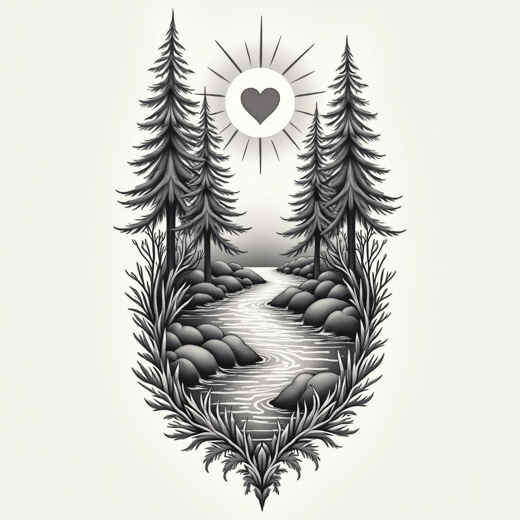 Forest theme tattoo, with animals and a sunrise, for a full arm sleevein Modest style tattoo, featuring soft, delicate line work with simple and meaningful symbols, gentle waves, a heart, evoking a sense of serenity and grace, - Variation 4