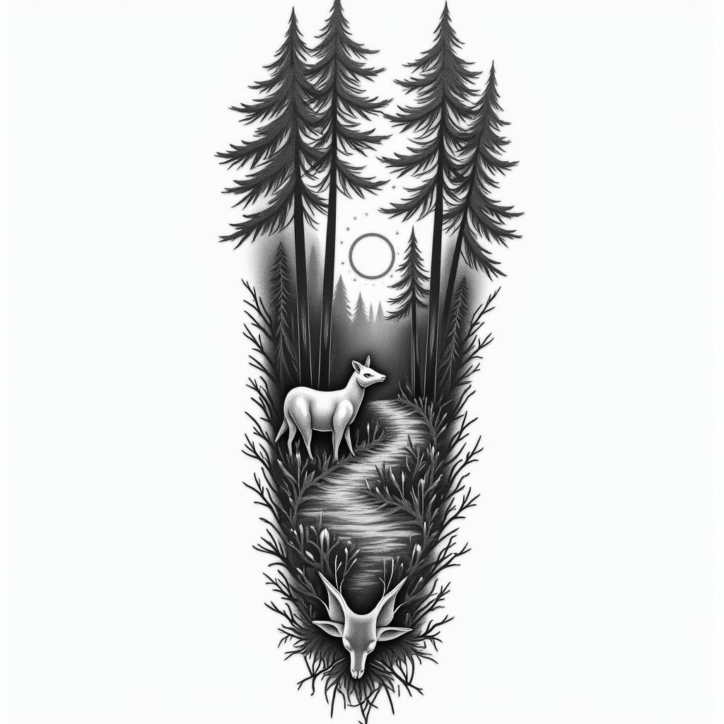 Forest theme tattoo, with animals and a sunrise, for a full arm sleevein new school tattoo, pop culture, modern, detailed tattoo, illustrative - Variation 3