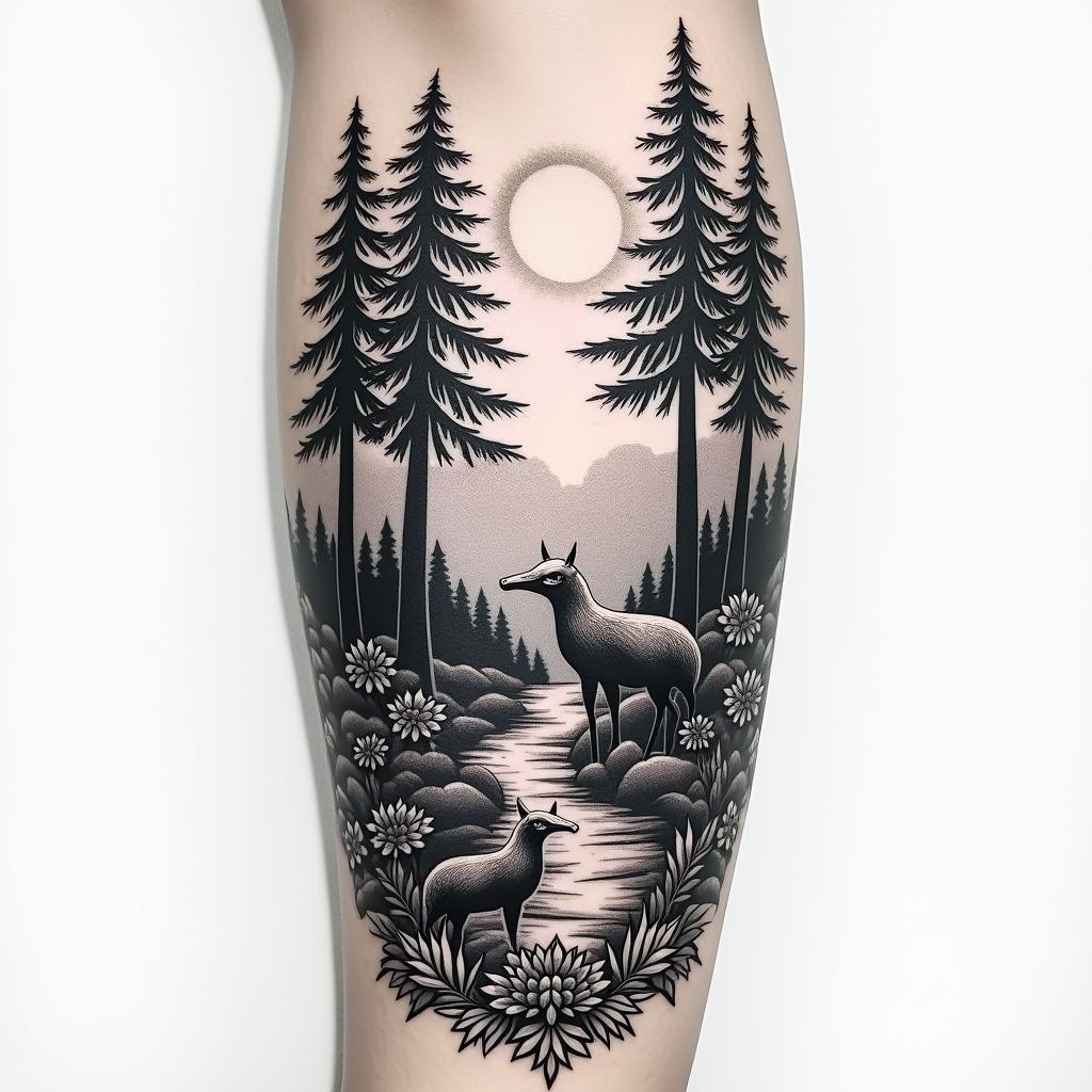 Forest theme tattoo, with animals and a sunrise, for a full arm sleevein new school tattoo, pop culture, modern, detailed tattoo, illustrative - Variation 4