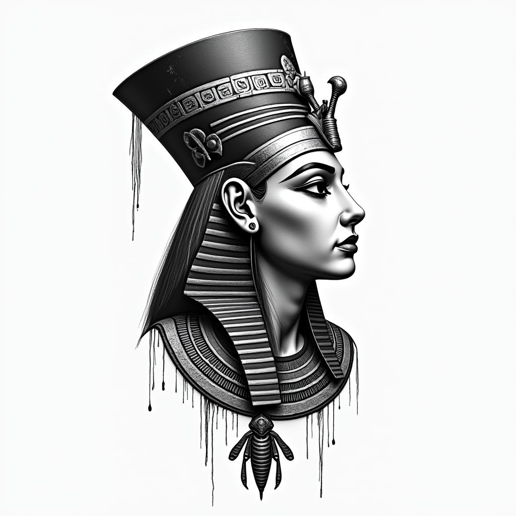 Egocentricin egyptian style tattoo, bold elements of ancient egyptian culture including a portrait of an Egyptian pharaoh with detailed facial features, in hieroglyphs and symbolic imagery, eye of horus, ankh symbol, scarab beetle
