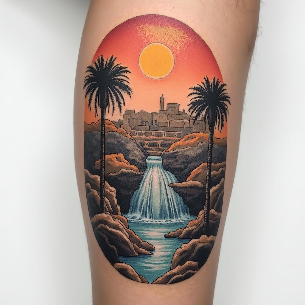 A meaningful tattoo symbolizing adoption, with a focus on abandonment and resilience, featuring a natural color palette. The design incorporates Moroccan elements such as the Fatima hand for protection, the bustling ambiance of Jemaa el-Fna, and the serene beauty of water falls, symbolizing the journey from abandonment to finding a new family.higly detailed tattoo - Variation 3