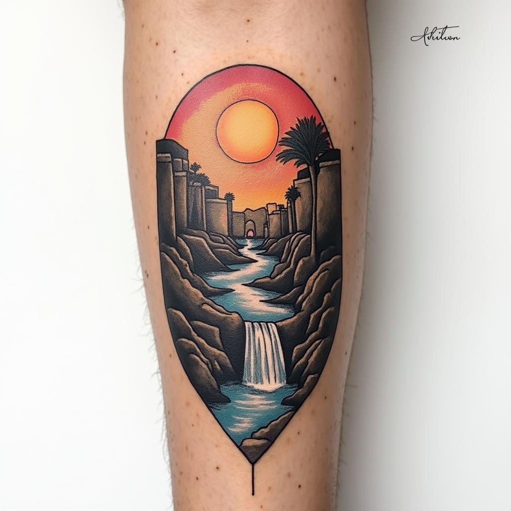 A meaningful tattoo symbolizing adoption, with a focus on abandonment and resilience, featuring a natural color palette. The design incorporates Moroccan elements such as the Fatima hand for protection, the bustling ambiance of Jemaa el-Fna, and the serene beauty of water falls, symbolizing the journey from abandonment to finding a new family.higly detailed tattoo