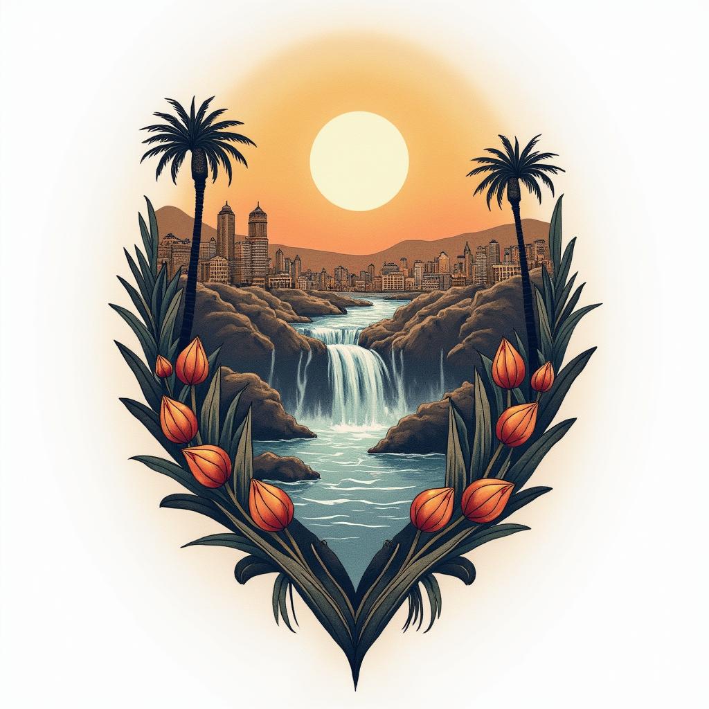 A meaningful tattoo symbolizing adoption, with a focus on abandonment and resilience, featuring a natural color palette. The design incorporates Moroccan elements such as the Fatima hand for protection, the bustling ambiance of Jemaa el-Fna, and the serene beauty of water falls, symbolizing the journey from abandonment to finding a new family.higly detailed tattoo - Variation 2