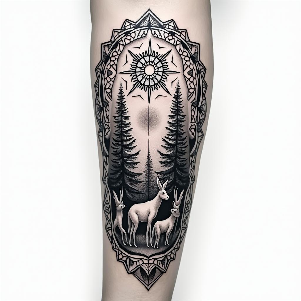 Forest theme tattoo, with animals and a sunrise, for a full arm sleeve in geometric style tattoo, blending hexagons, mandala-inspired patterns, symmetrical and fractal design, clean lines, sharp angles