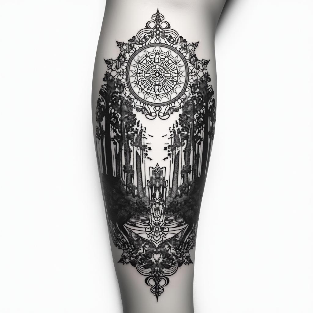 Forest theme tattoo, with animals and a sunrise, for a full arm sleeve in geometric style tattoo, blending hexagons, mandala-inspired patterns, symmetrical and fractal design, clean lines, sharp angles - Variation 4