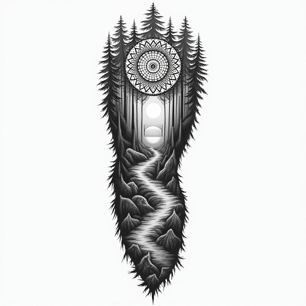 Forest theme tattoo, with animals and a sunrise, for a full arm sleeve in geometric style tattoo, blending hexagons, mandala-inspired patterns, symmetrical and fractal design, clean lines, sharp angles - Variation 2