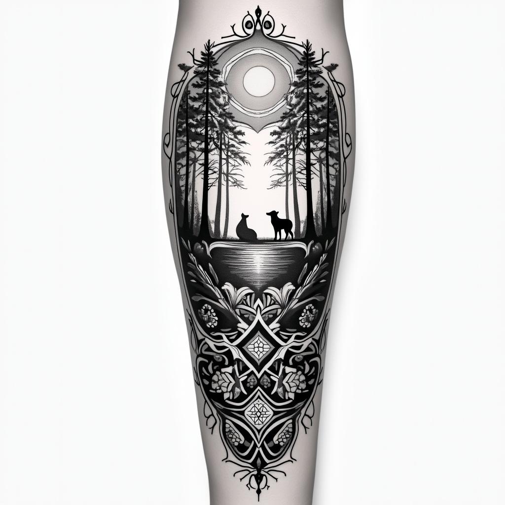 Forest theme tattoo, with animals and a sunrise, for a full arm sleeve in geometric style tattoo, blending hexagons, mandala-inspired patterns, symmetrical and fractal design, clean lines, sharp angles - Variation 3