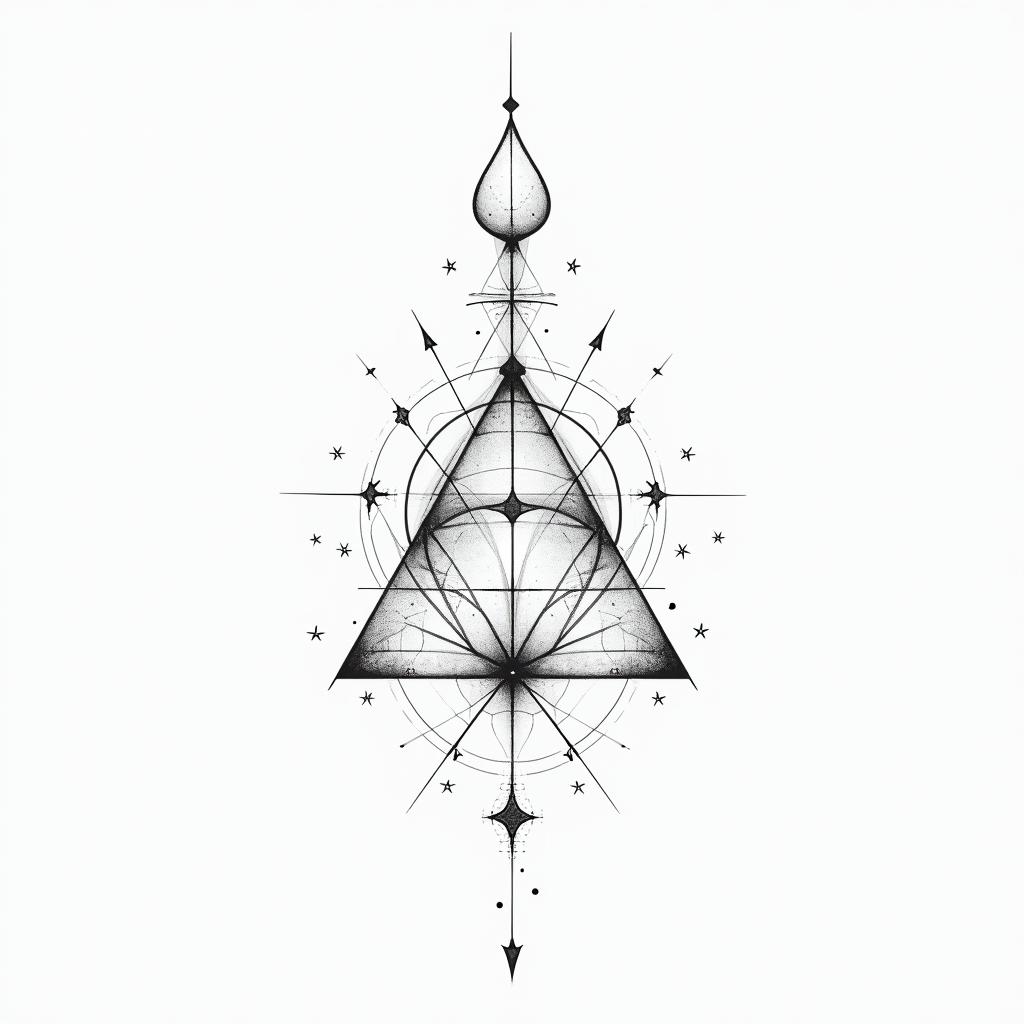 A delicate tattoo design featuring geometrical shapes including triangles, squares, and circles, arranged in a freeform layout. The design incorporates small stars, lines, and dots, all in black and white. The word "Freiheit" subtly integrated into the composition, symbolizing freedom and personal expression.higly detailed tattoo - Variation 3
