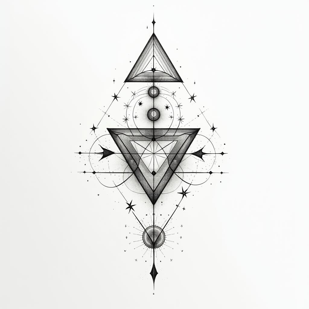 A delicate tattoo design featuring geometrical shapes including triangles, squares, and circles, arranged in a freeform layout. The design incorporates small stars, lines, and dots, all in black and white. The word "Freiheit" subtly integrated into the composition, symbolizing freedom and personal expression.higly detailed tattoo - Variation 4