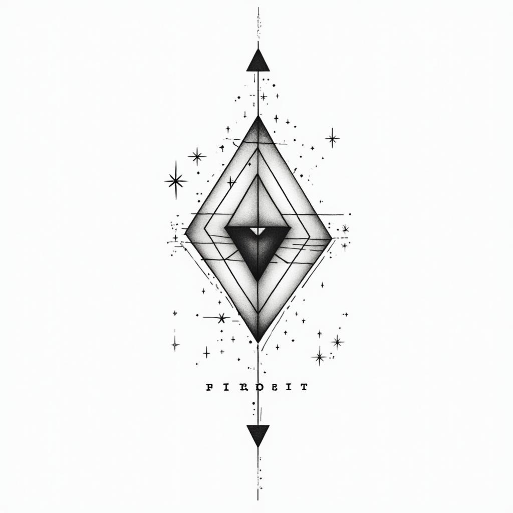 A delicate tattoo design featuring geometrical shapes including triangles, squares, and circles, arranged in a freeform layout. The design incorporates small stars, lines, and dots, all in black and white. The word "Freiheit" subtly integrated into the composition, symbolizing freedom and personal expression.higly detailed tattoo