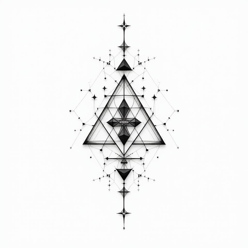 A delicate tattoo design featuring geometrical shapes including triangles, squares, and circles, arranged in a freeform layout. The design incorporates small stars, lines, and dots, all in black and white. The word "Freiheit" subtly integrated into the composition, symbolizing freedom and personal expression.higly detailed tattoo - Variation 2