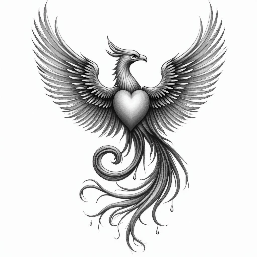 A meaningful tattoo design featuring the initial "S" beautifully intertwined with a heart symbol, alongside a majestic phoenix rising, symbolizing bravery, love, and support. The color palette should emphasize purity, incorporating shades of white to represent the bond between a mother and her daughter.higly detailed tattoo - Variation 4
