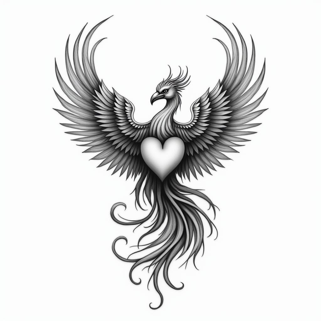 A meaningful tattoo design featuring the initial "S" beautifully intertwined with a heart symbol, alongside a majestic phoenix rising, symbolizing bravery, love, and support. The color palette should emphasize purity, incorporating shades of white to represent the bond between a mother and her daughter.higly detailed tattoo - Variation 2