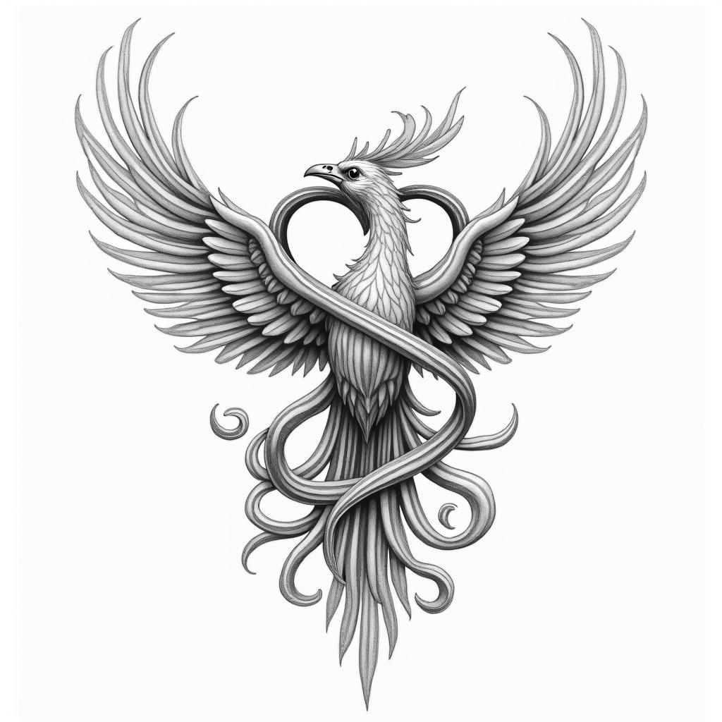 A meaningful tattoo design featuring the initial "S" beautifully intertwined with a heart symbol, alongside a majestic phoenix rising, symbolizing bravery, love, and support. The color palette should emphasize purity, incorporating shades of white to represent the bond between a mother and her daughter.higly detailed tattoo - Variation 3