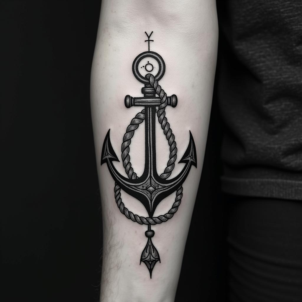 Anchor with nautical rope and compassin paganic style tattoo, featuring ancient symbols, add vegvisir symbol, mystical figures, incorporating designs, pentagrams, runes, crescent moons, - Variation 2