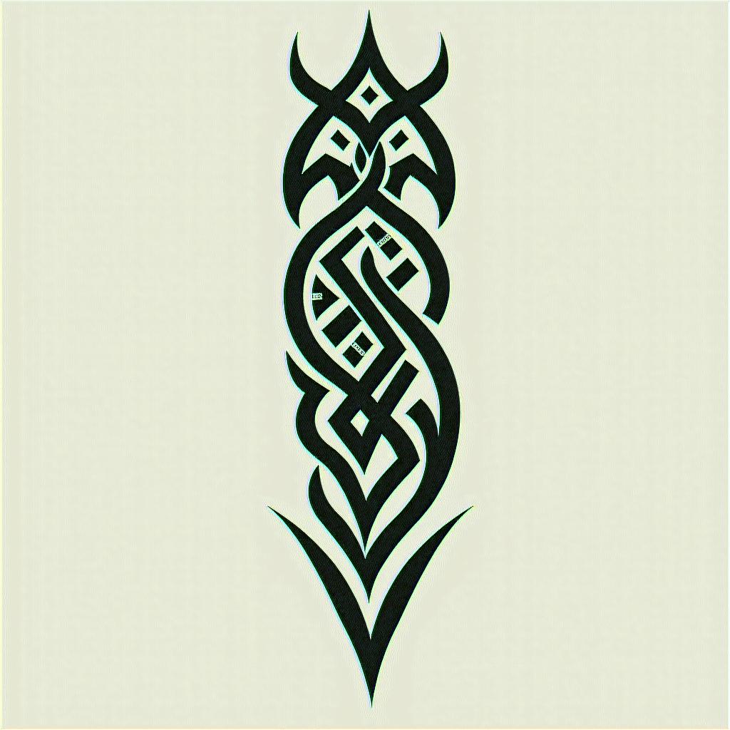 Alef, Sagittarius, Taubatéin tribal tattoo style, featuring bold and black geometric shapes, curved lines, intertwine and flow seamlessly, creating a powerful and symbolic design, polynesian and maori styles