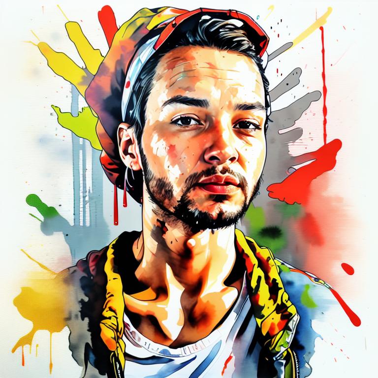  vibrant watercolor portrait with graffiti style face, fully white background, ,face with soft blending of warm and cool tones (orange, yellow, green),using shades of colors, contrast between light and shadow on the face, Bold color splashes and abstract drips in the background for a dynamic, artistic vibe, highly detailed tattoo, fully white background , dskinkpunkundefined - Variation 44