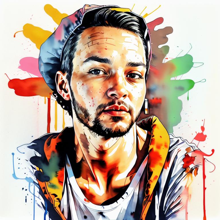  vibrant watercolor portrait with graffiti style face, fully white background, ,face with soft blending of warm and cool tones (orange, yellow, green),using shades of colors, contrast between light and shadow on the face, Bold color splashes and abstract drips in the background for a dynamic, artistic vibe, highly detailed tattoo, fully white background , dskinkpunkundefined - Variation 42