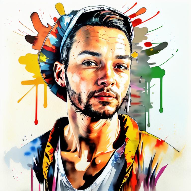  vibrant watercolor portrait with graffiti style face, fully white background, ,face with soft blending of warm and cool tones (orange, yellow, green),using shades of colors, contrast between light and shadow on the face, Bold color splashes and abstract drips in the background for a dynamic, artistic vibe, highly detailed tattoo, fully white background , dskinkpunkundefined - Variation 41