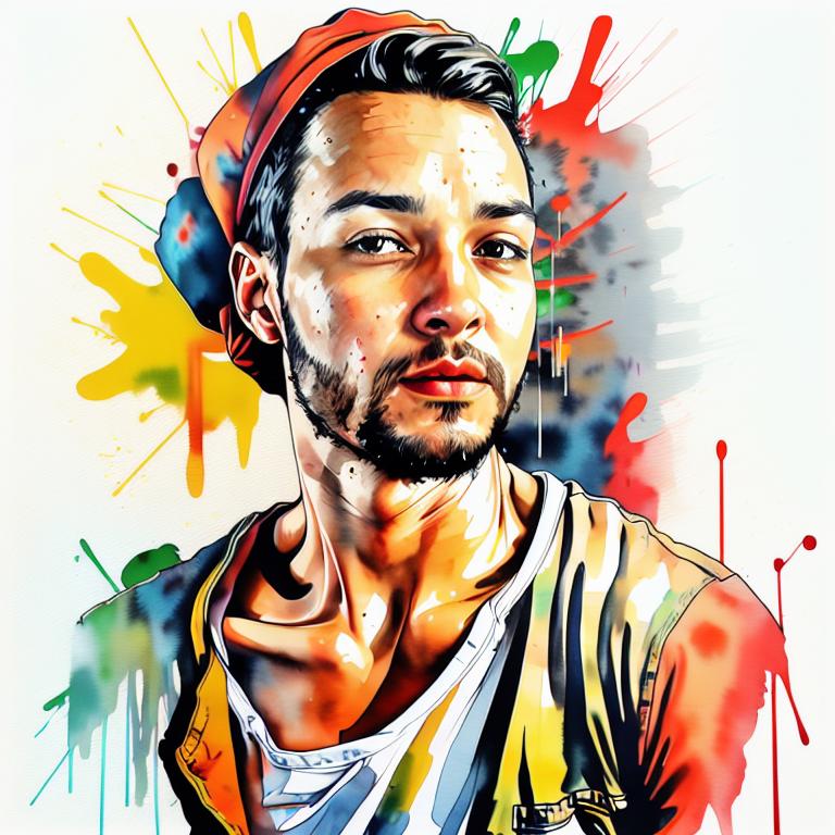  vibrant watercolor portrait with graffiti style face, fully white background, ,face with soft blending of warm and cool tones (orange, yellow, green),using shades of colors, contrast between light and shadow on the face, Bold color splashes and abstract drips in the background for a dynamic, artistic vibe, highly detailed tattoo, fully white background , dskinkpunkundefined - Variation 43